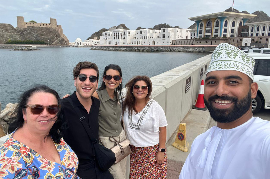 Our Travel Associates advisors arriving in Muscat, Oman. Featured, Belinda Moore, Tomas Syrifos & Mili Gonzalez